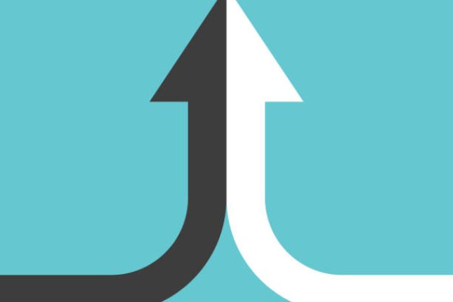 Bent arrow of two black and white ones merging on turquoise blue background. Partnership, merger, alliance and joining concept. Flat design. Vector illustration, no transparency, no gradients